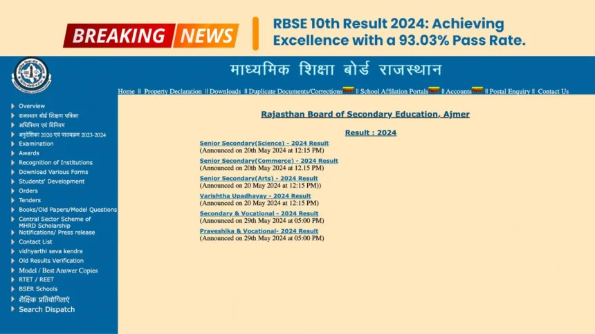 RBSE 10th Result 2024 Achieving Excellence with a 93.03% Pass Rate.