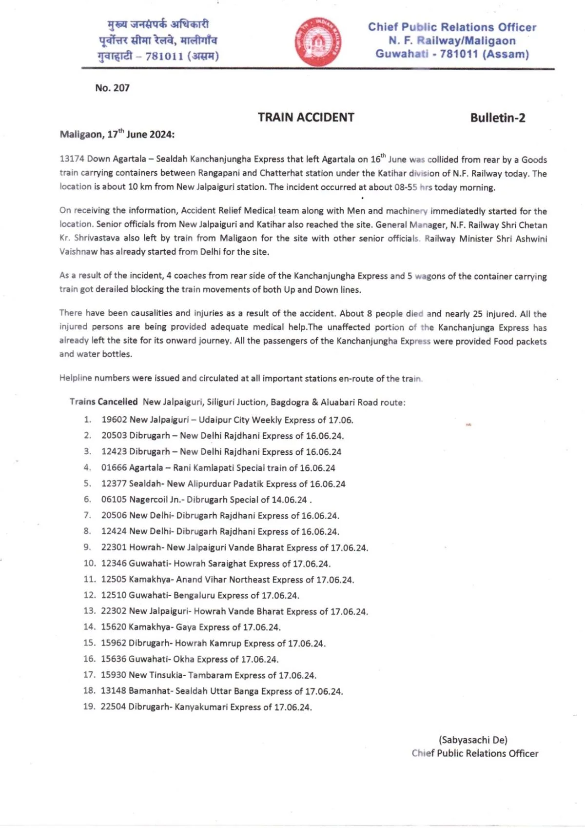 Kanchanjungha Express Train Accident: 15 Dead, 60 Injured; ₹10 Lakh Ex-Gratia Announced for Victims. 5 Trains Cancelled after Kanchanjungha Express Train Accident